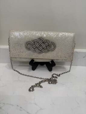 Gianni Bini Silver Snakeskin Metallic Clutch with Beaded Celtic Knot